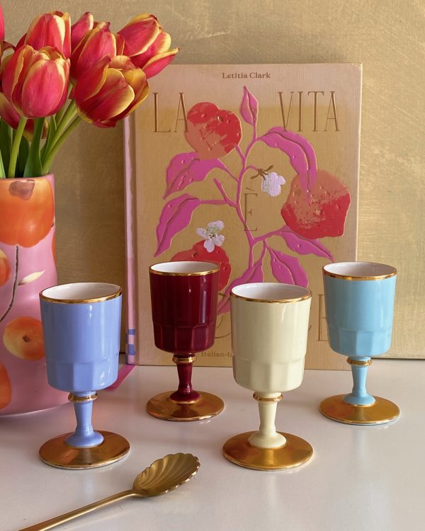 Vintage Pastel Gilded Liquor Footed Glass Set of 4