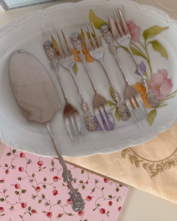Vintage Antiko Silver Rose Cake Server Dessert Set