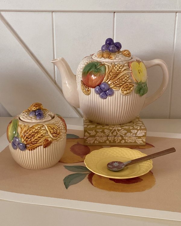 Vintage Barbotine Fruit Picnic Basket Ceramic Tea Set