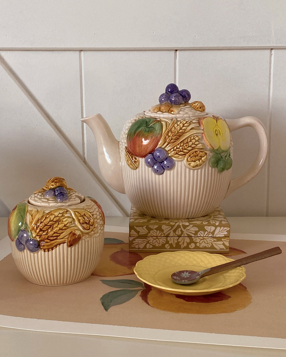 Vintage Barbotine Fruit Picnic Basket Ceramic Tea Set