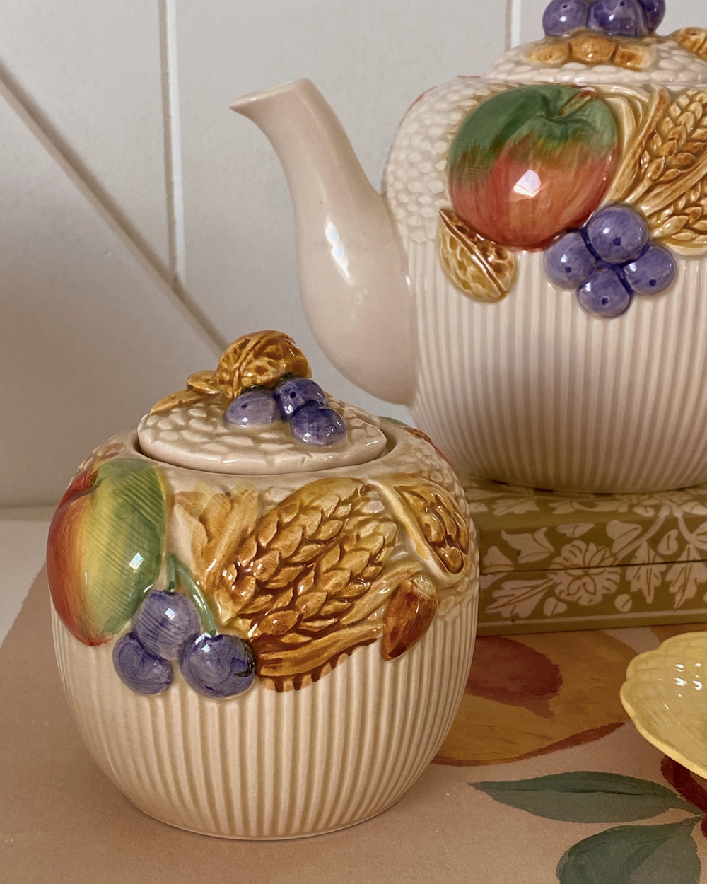 Vintage Barbotine Fruit Picnic Basket Ceramic Tea Set
