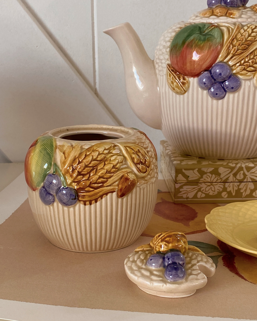 Vintage Barbotine Fruit Picnic Basket Ceramic Tea Set