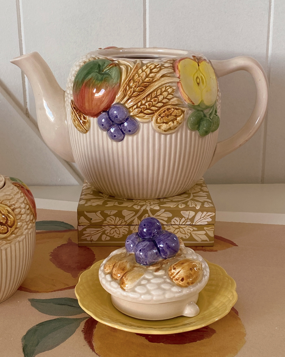 Vintage Barbotine Fruit Picnic Basket Ceramic Tea Set