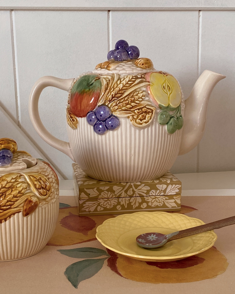 Vintage Barbotine Fruit Picnic Basket Ceramic Tea Set