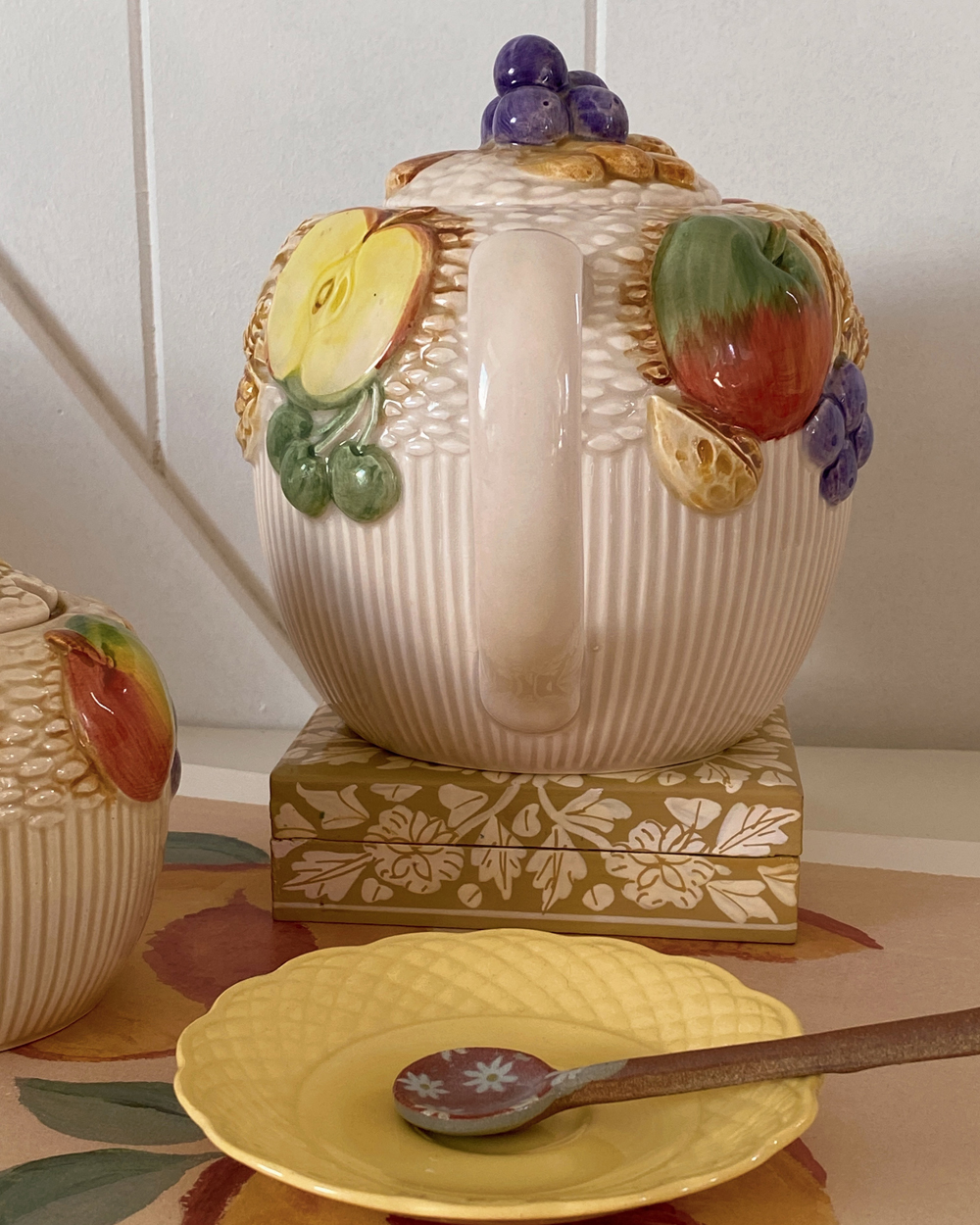 Vintage Barbotine Fruit Picnic Basket Ceramic Tea Set