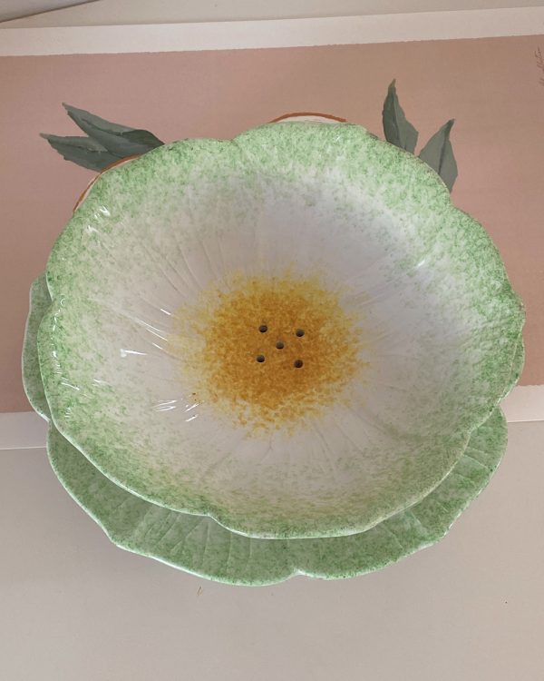 Vintage Green Flower Fruit Colander with Dripping Plate