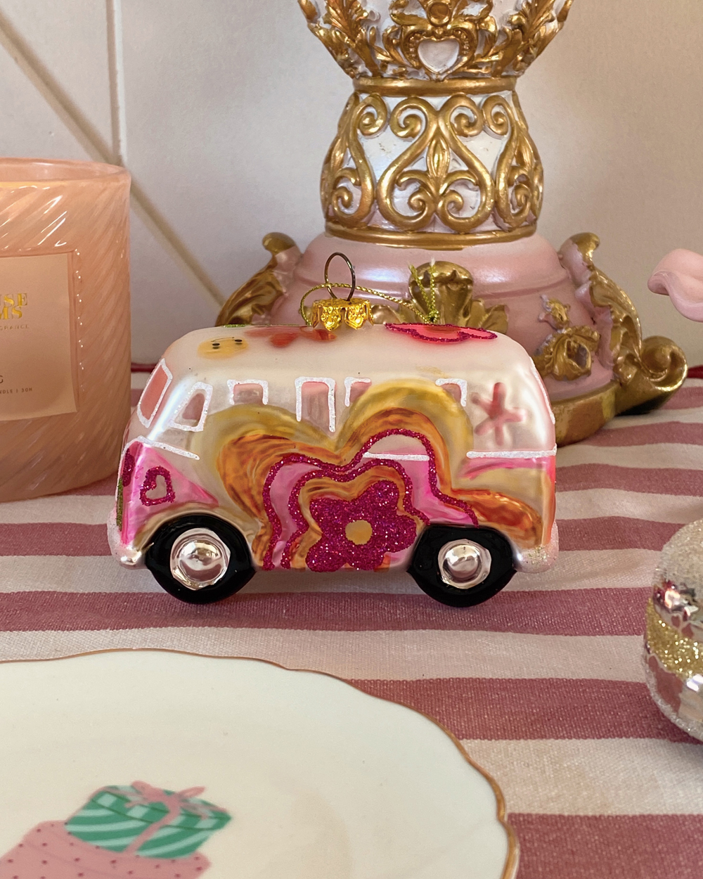 Hippie Bus Glass Ornament