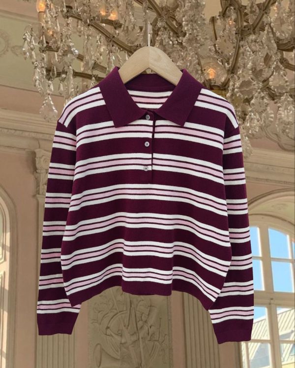 Striped Wool Blend Knit Polo Shirt
