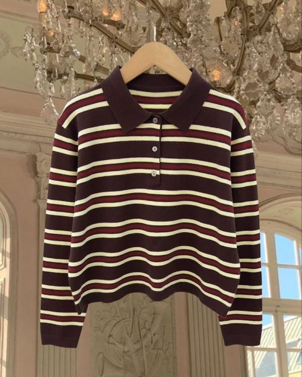 Striped Wool Blend Knit Polo Shirt