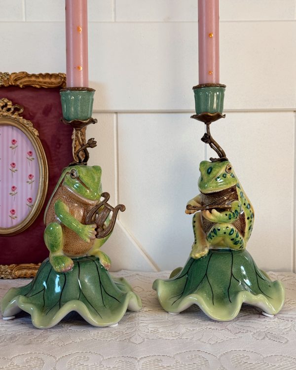 Enchanting Symphony Porcelain Frog Brass Candle Holder