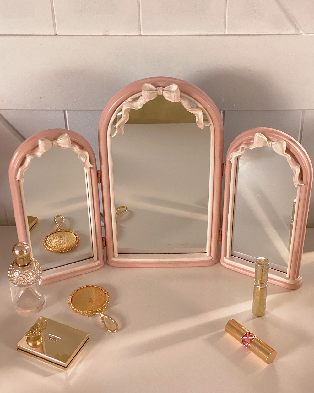 Pink Bow Trifold Vanity Mirror