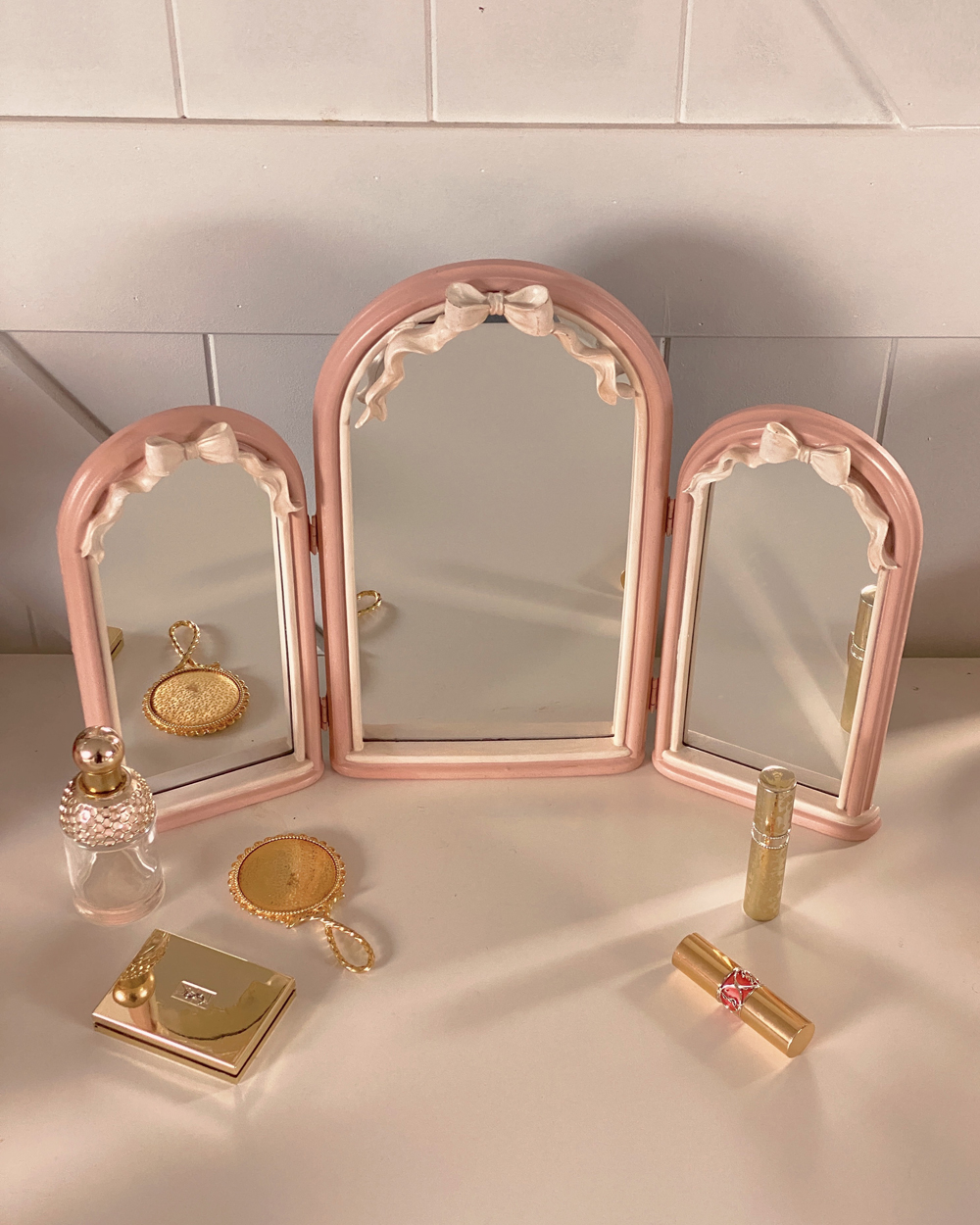 Pink Bow Trifold Vanity Mirror