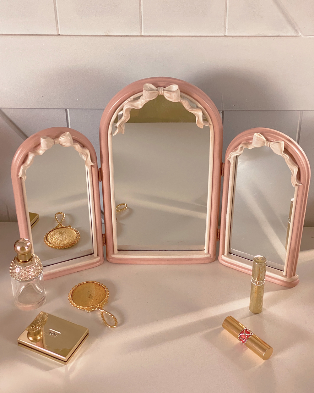 Pink Bow Trifold Vanity Mirror