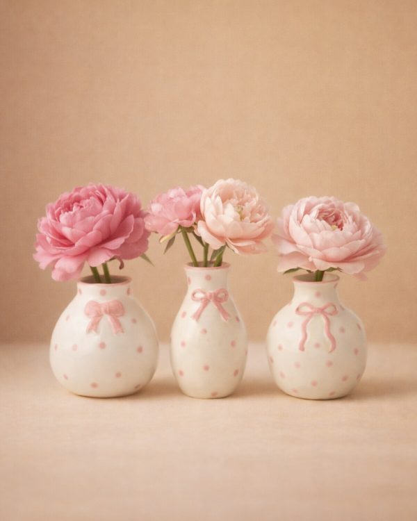 Pink Dotted Bow Vase Set of 3