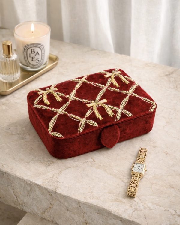 Velvet Rouge Beaded Bow Jewelry Box