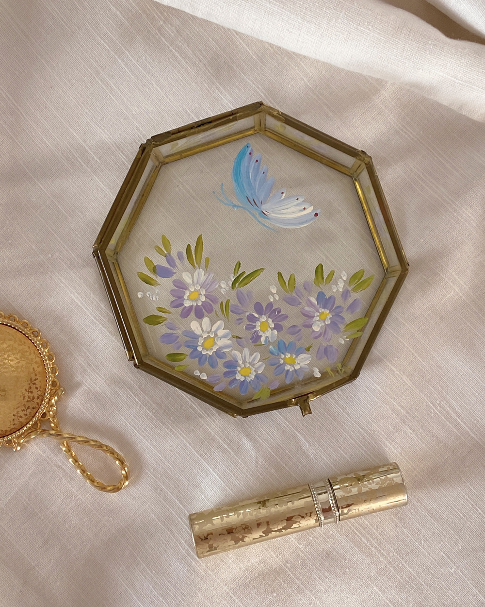 Vintage Hand Painted Glass Jewelry Box