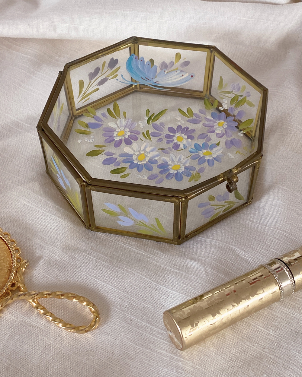 Vintage Hand Painted Glass Jewelry Box