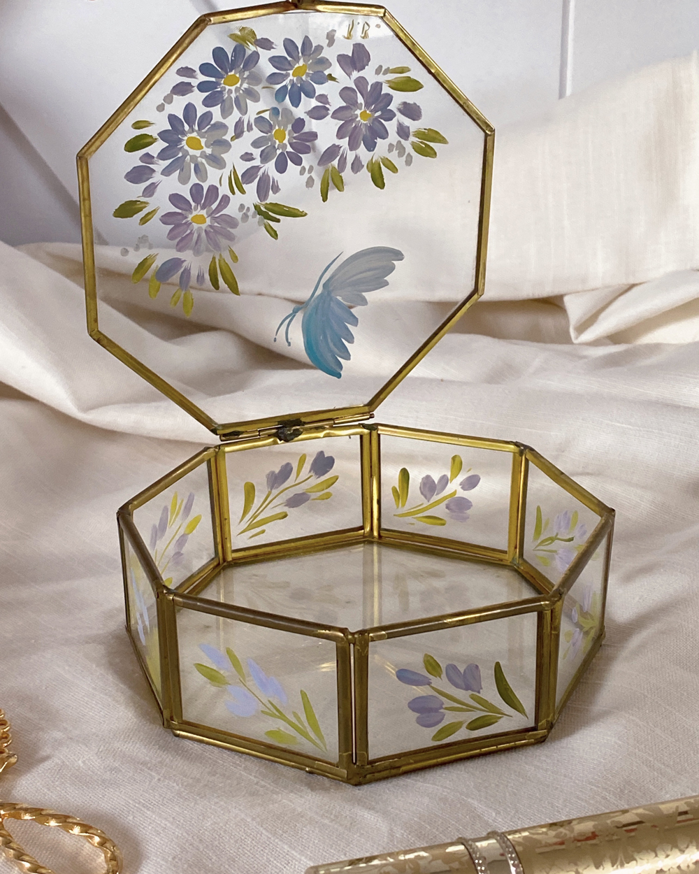 Vintage Hand Painted Glass Jewelry Box