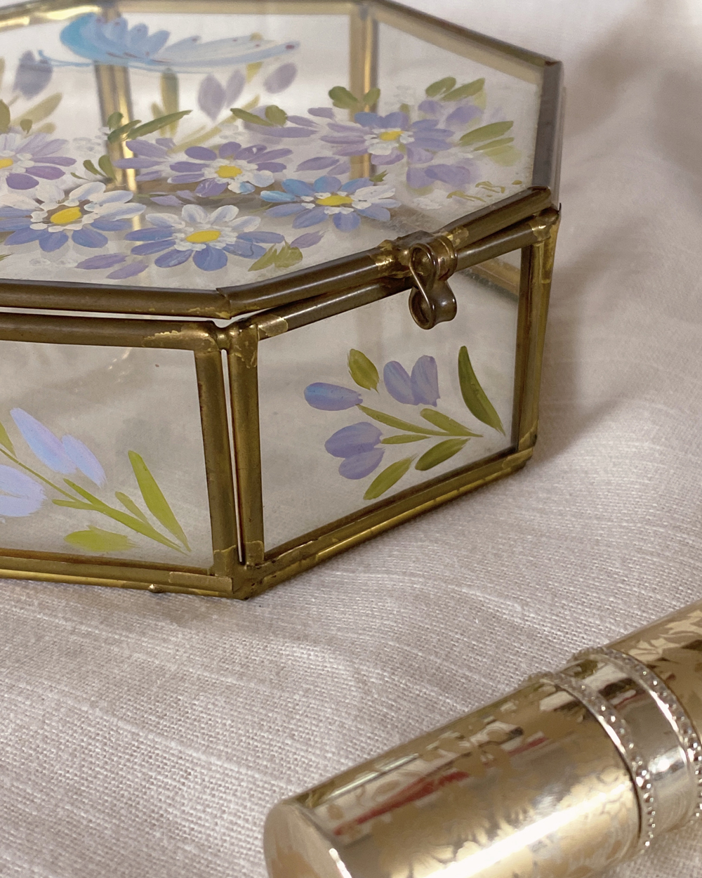 Vintage Hand Painted Glass Jewelry Box