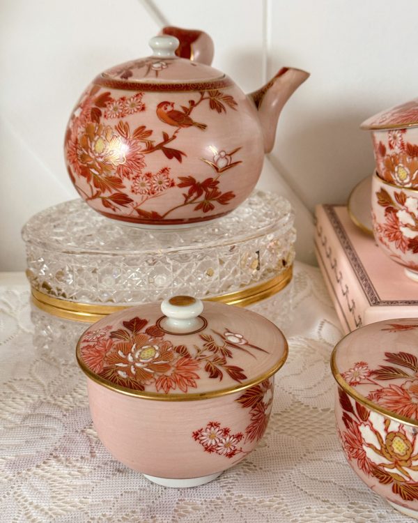 Vintage Kutani Style Pink Songbird Floral Gilded Tea Set