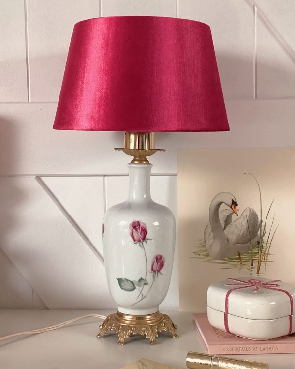 Vintage Pink Rose Porcelain Brass Table Lamp with Pink Velvet Shade