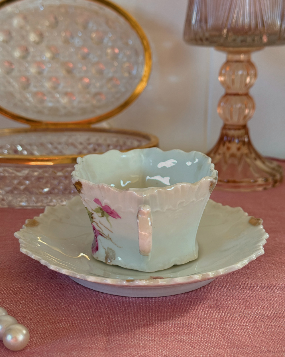 Antique Victorian Rose Scalloped Cup Saucer Set
