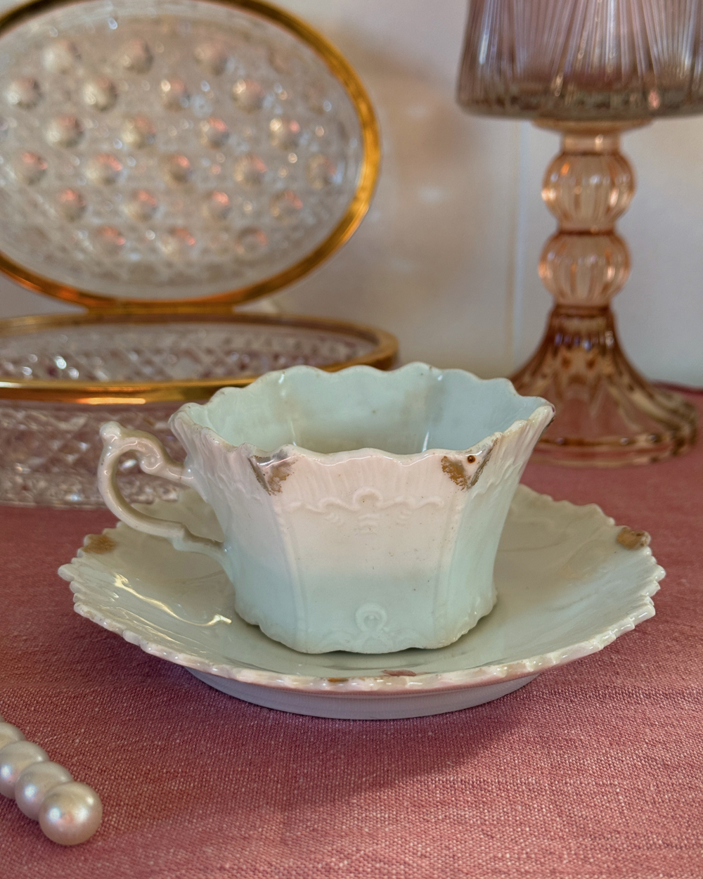 Antique Victorian Rose Scalloped Cup Saucer Set