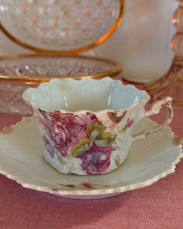 Antique Victorian Rose Scalloped Cup Saucer Set