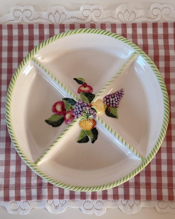 Vintage Barbotine Fruit Divided Ceramic Serving Dish