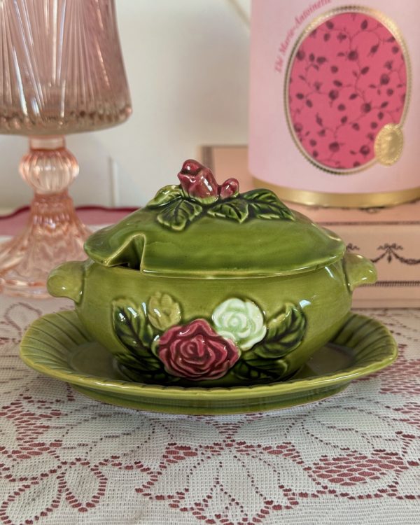 Vintage Japanese Norleans Green Rose Sugar Bowl