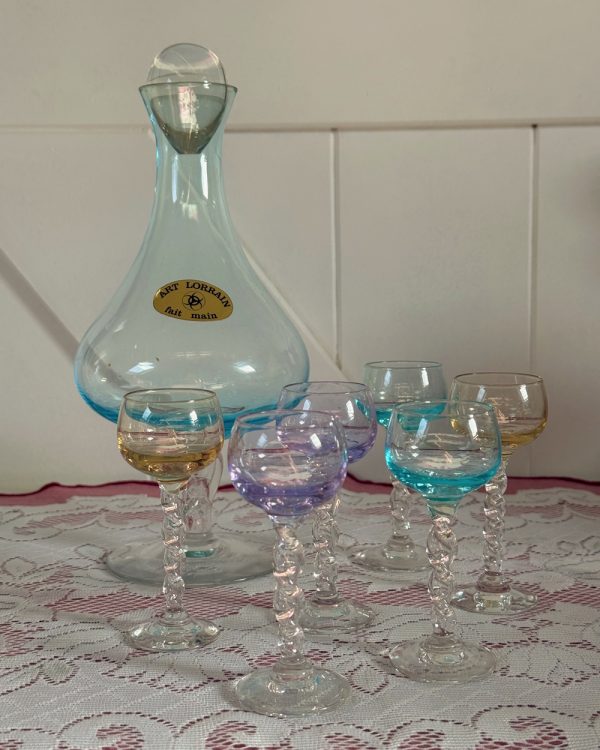 Vintage Art Lorrain Glass Carafe Set with 6 Pastel Swirl Stem Glasses