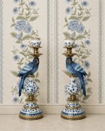 Blue White Parrot Candle Holder Pair