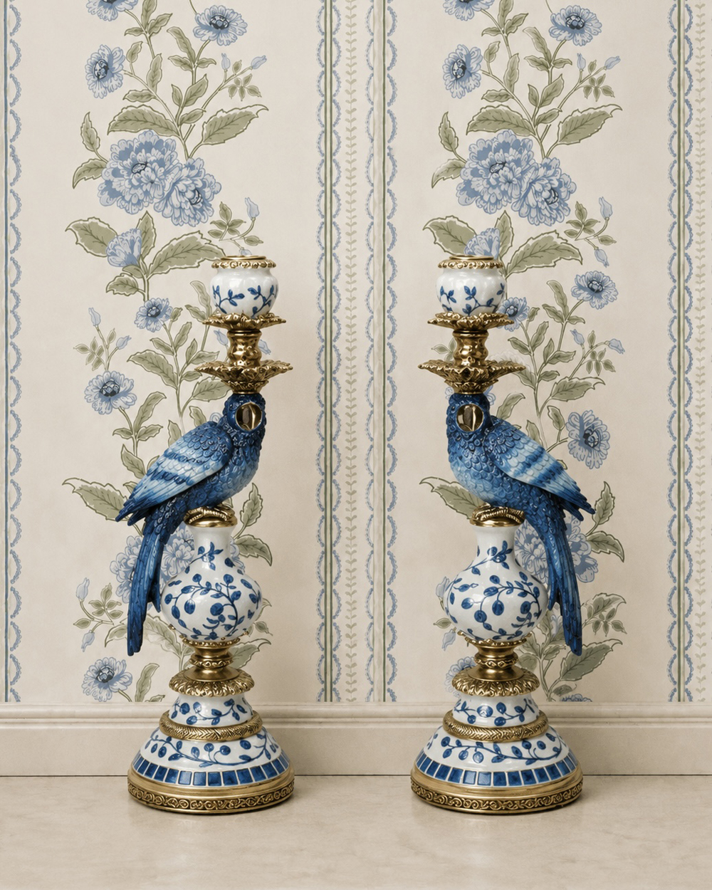 Blue White Parrot Candle Holder Pair