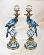 Blue White Parrot Candle Holder Pair