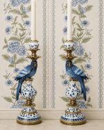 Blue White Parrot Candle Holder Pair