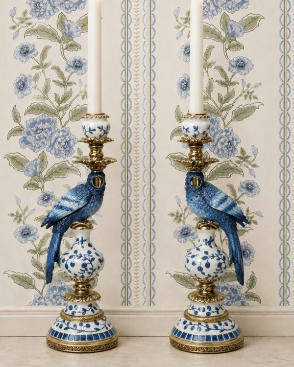 Blue White Parrot Candle Holder Pair