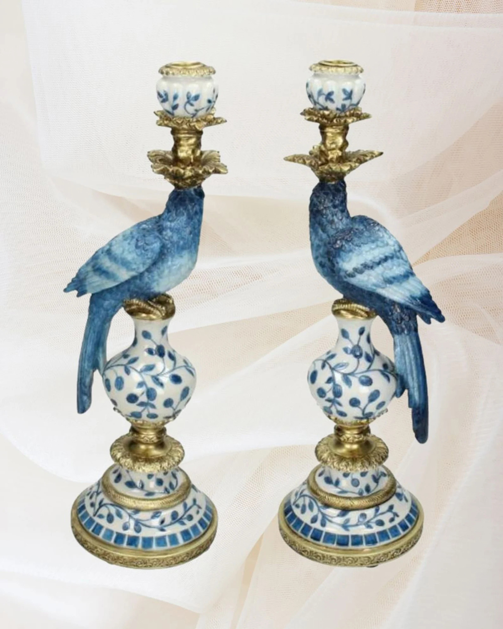 Blue White Parrot Candle Holder Pair