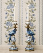 Blue White Parrot Candle Holder Pair