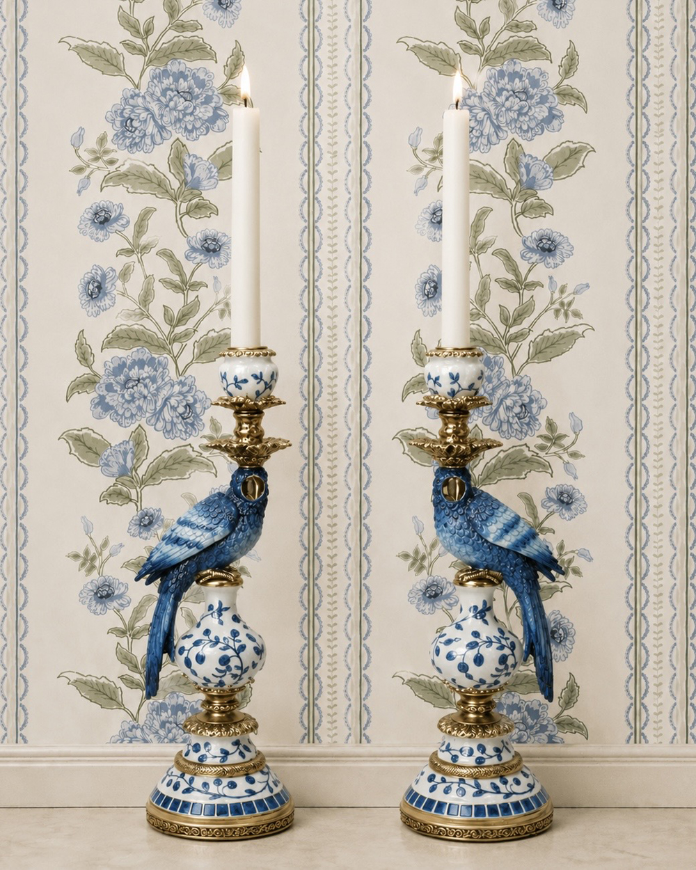 Blue White Parrot Candle Holder Pair