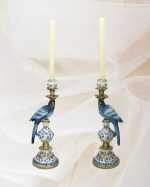 Blue White Parrot Candle Holder Pair