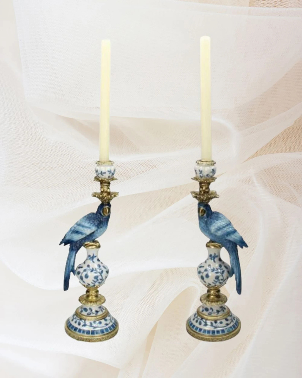 Blue White Parrot Candle Holder Pair