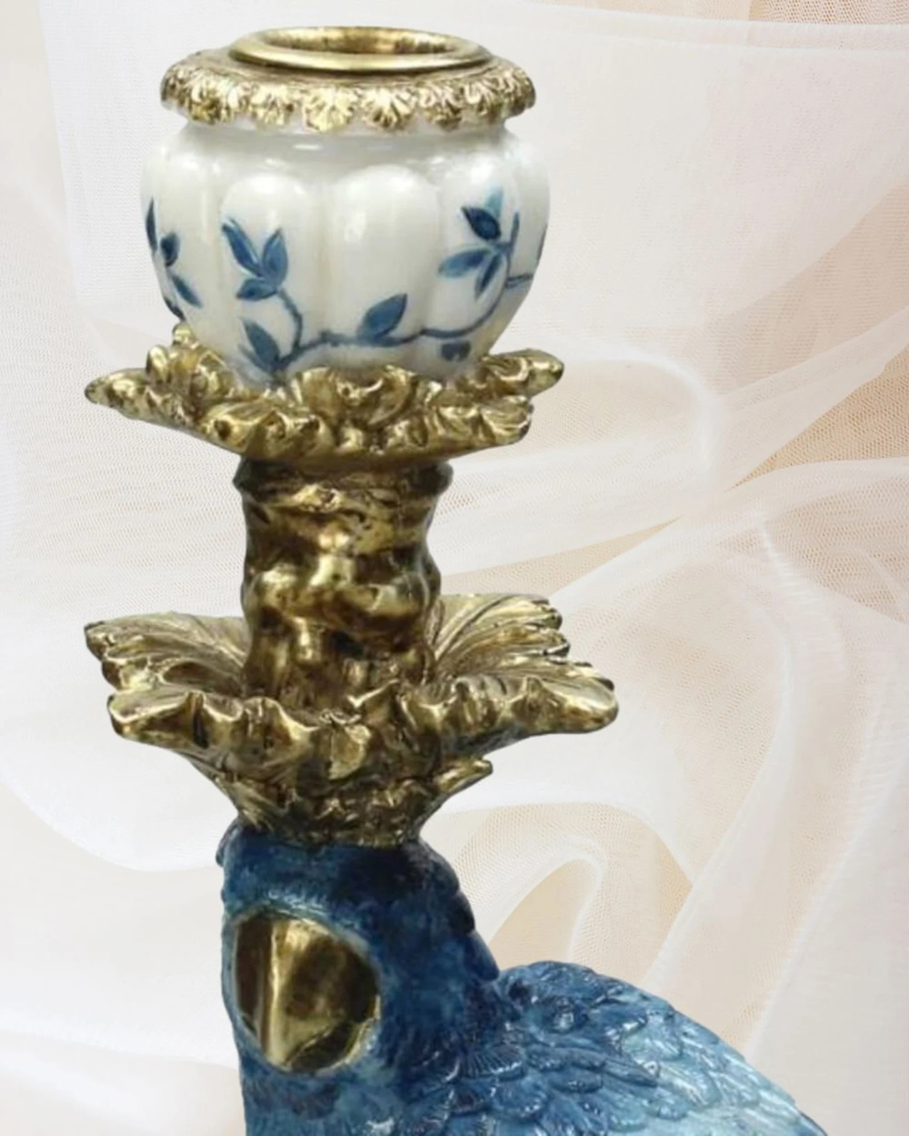 Blue White Parrot Candle Holder Pair