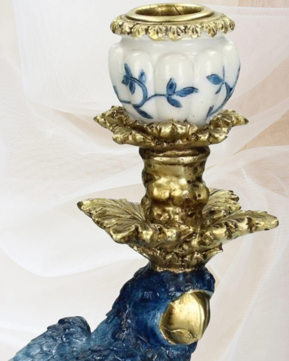 Blue White Parrot Candle Holder Pair