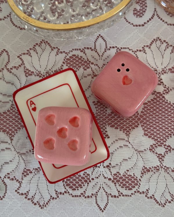 Pink Heart Dice Ceramic Salt Pepper Shaker Set