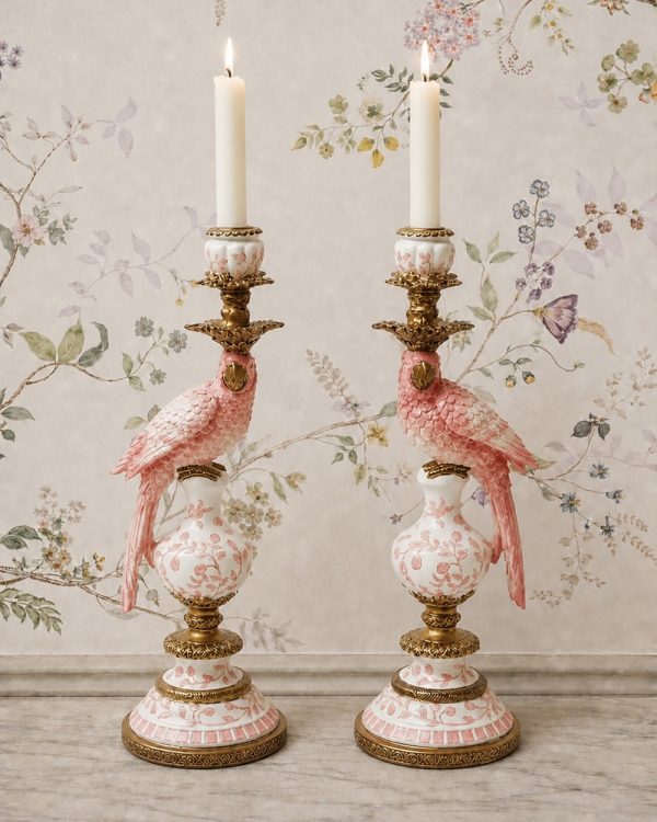 Palm Beach Pink Parrot Candle Holder Pair