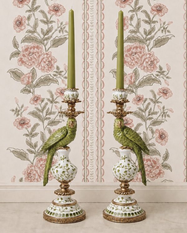 Palm Court Green Parrot Candle Holder Pair