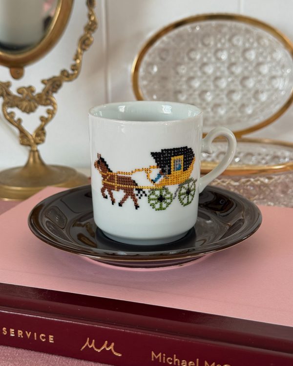 Vintage Kronester Needlepoint Equestrian Cup Saucer Set