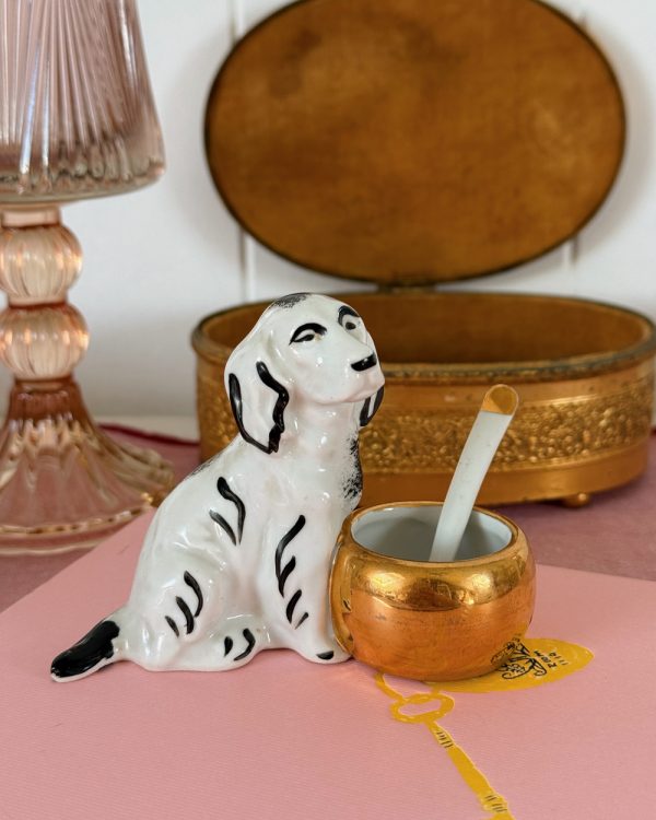 Vintage Limoges Porcelain Dog Mustard Pot with Spoon