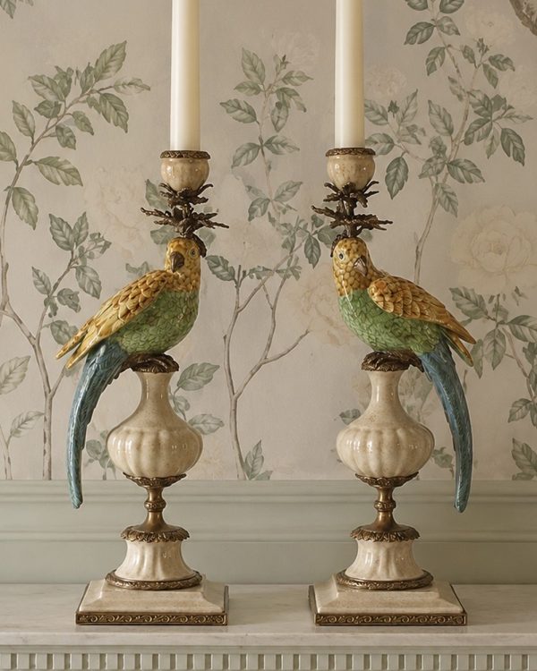 Palm Grove Porcelain Parrot Brass Candle Holder Pair