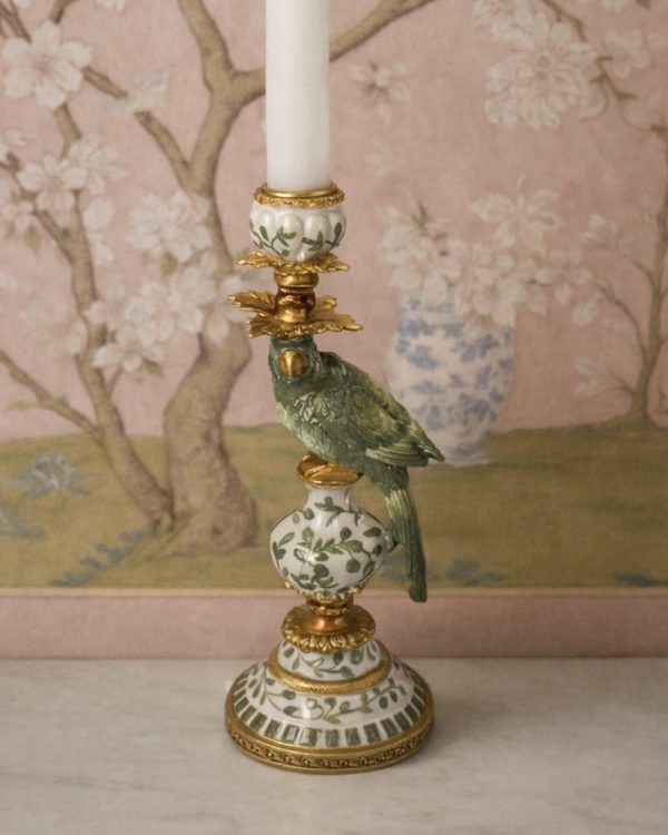 Palm Royale Green Gold Parrot Candle Holder